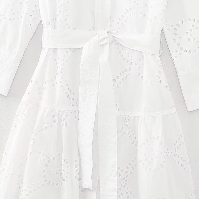 White Embroidery Single Breasted Midi Vintage Lapel Neck Long Sleeves Dress with Belt