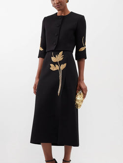 Elegant O Neck Half Sleeve Coat High Waist Skirt Set