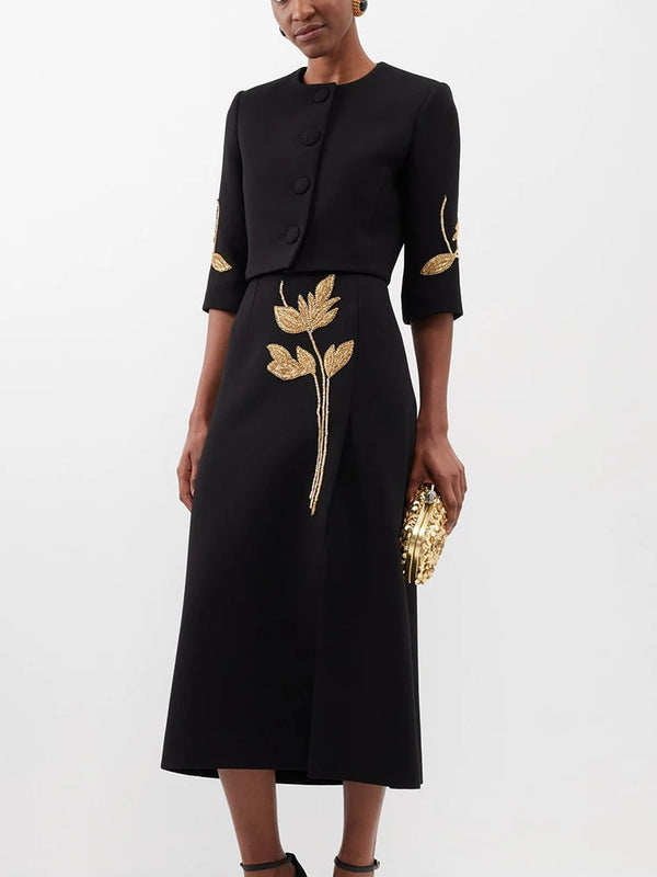 Elegant O Neck Half Sleeve Coat High Waist Skirt Set