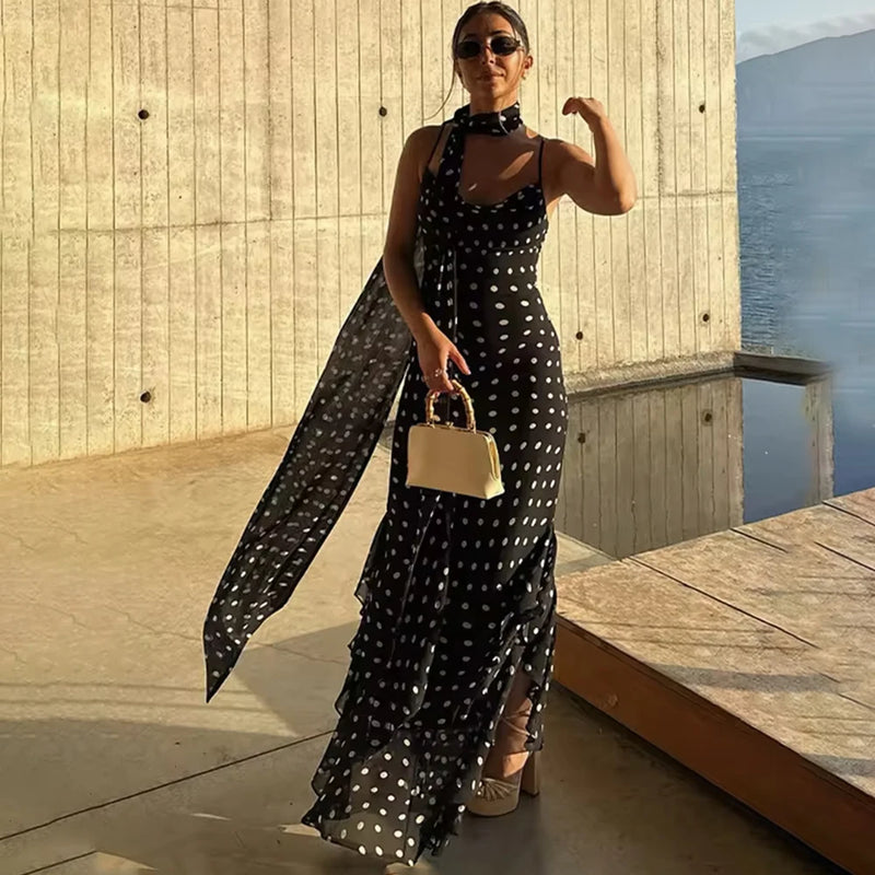 Polka Dot Long Scarf Ribbon Ruffle Halter Pleated Dress