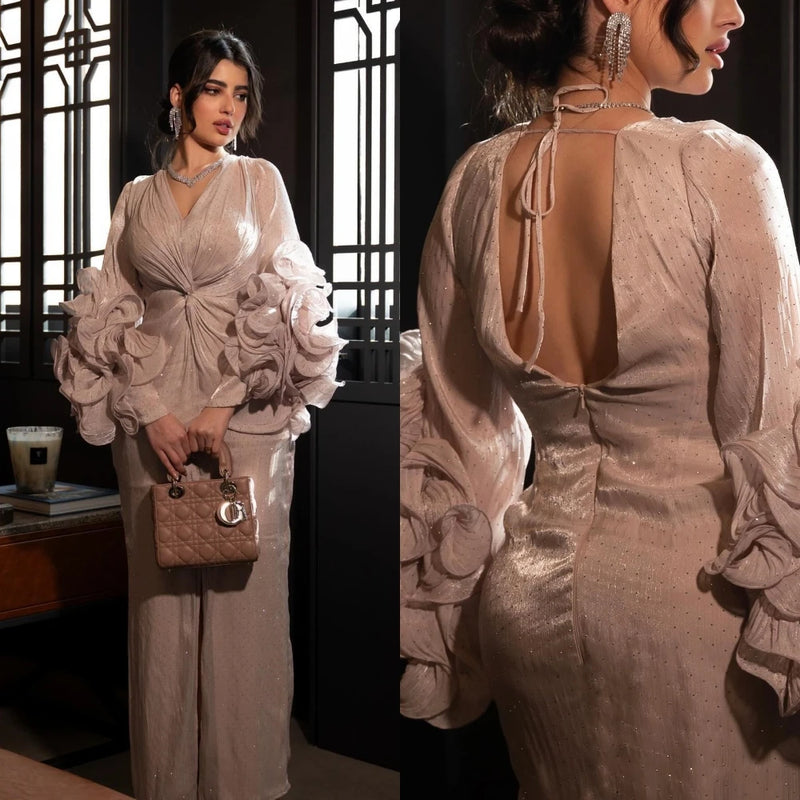 Organza Pleat Ruched Quinceanera V-Neck Long Sleeve Dresses