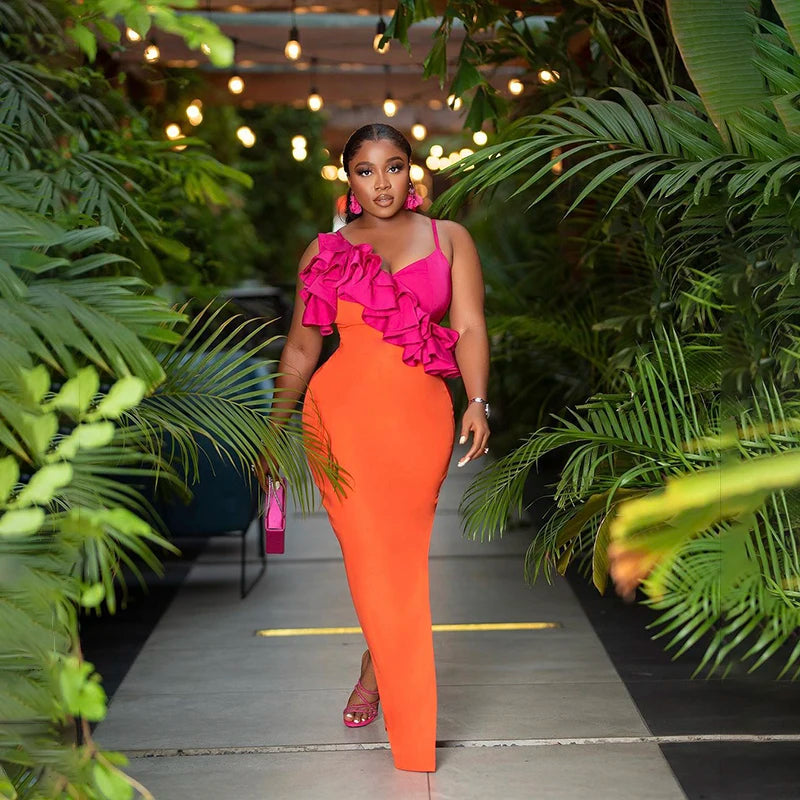 Orange Sleeveless Sexy V-Neck Ruffles Bodycon Mid-calf Bandage Dress