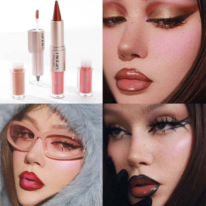 2 IN 1 Nude Brown Pink Mirror Lip Gloss Contour Pencil Matte Lipliner