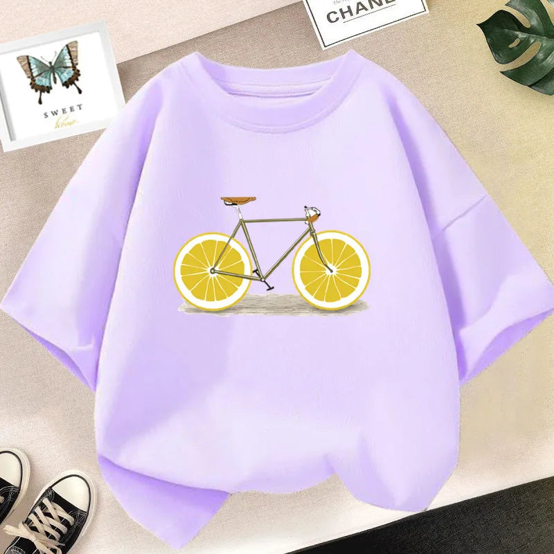 Cute Lemon Fruit Cartoon Bike Printed Tops Tee Short Sleeve