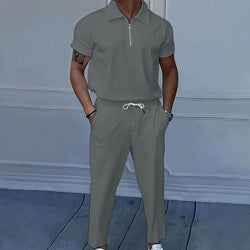 Summer Men's solid color suit lapel short sleeve zipper trouser suit