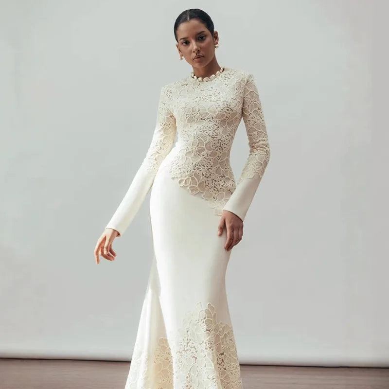 O-neck Long Sleeve Lace Hollow Out Slim Elegant Dress
