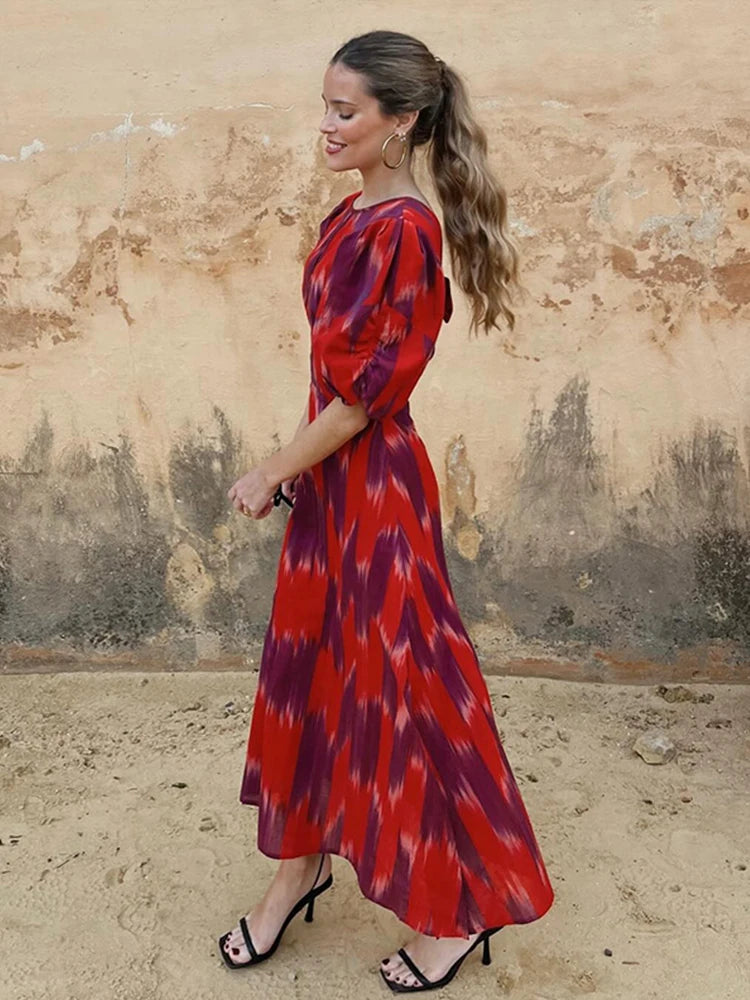 Summer Chic Print Short Puff Sleeves Split Long Dress