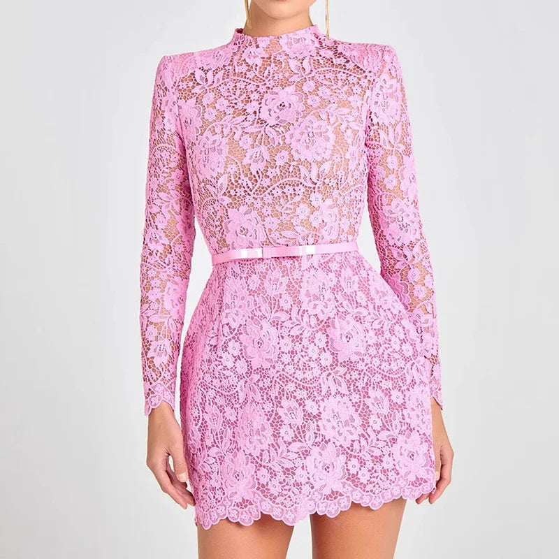 Hollow Out Mini Long Sleeve O Neck Dress