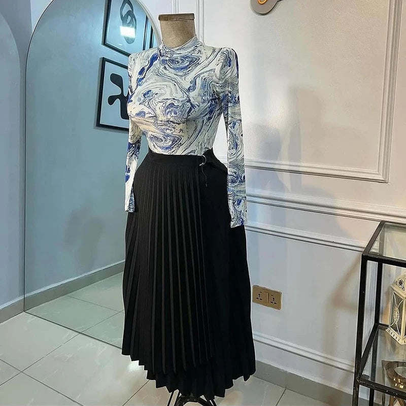 Elegant Pleated Irregular High Waist Buckle Mid-length A-line Skirts
