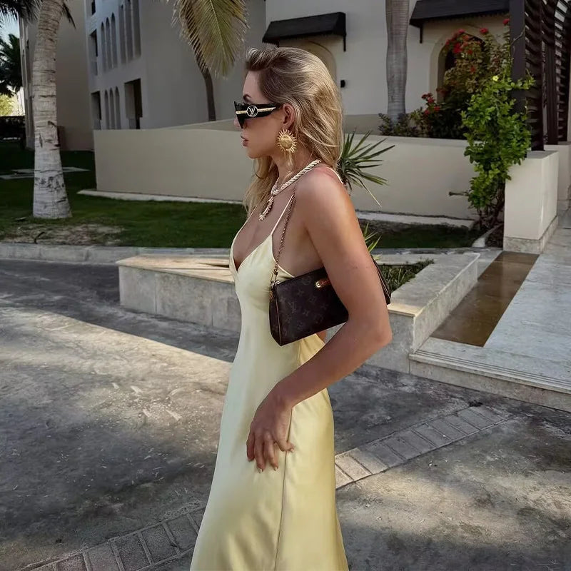 V-Neck Yellow Sexy Backless Casual Slim Stain Sling Long Dress