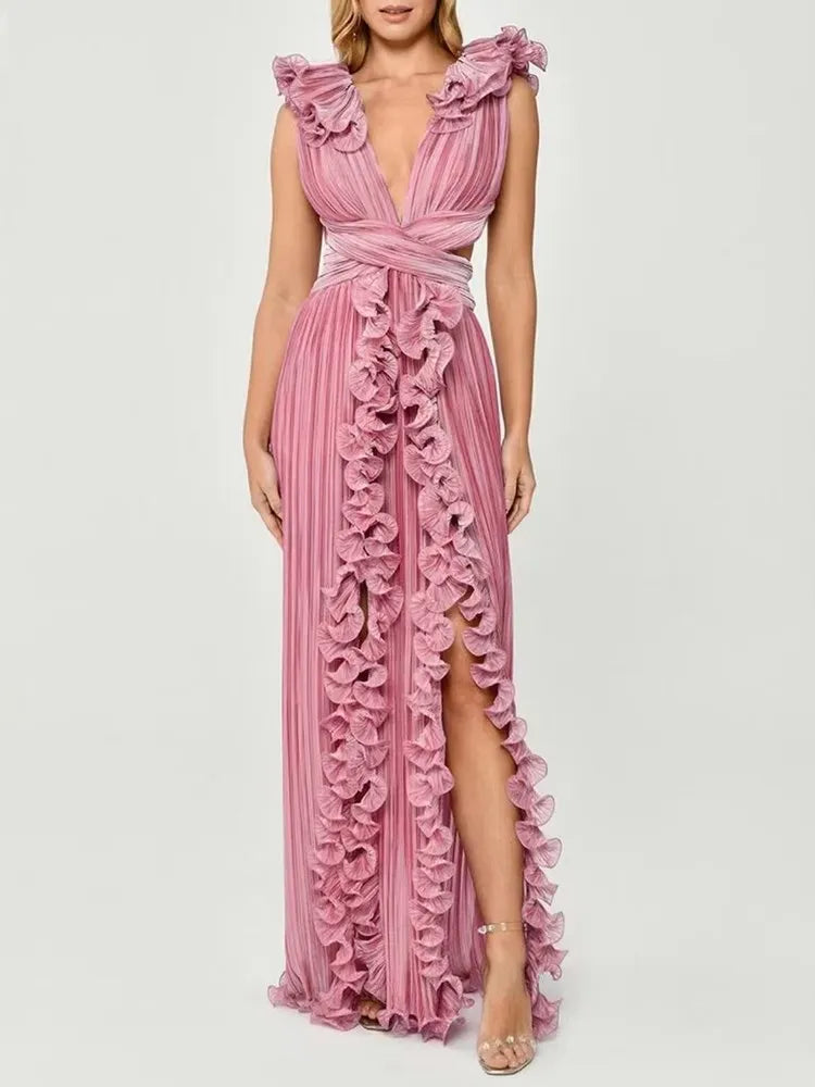 Elegant V Neck Sleeveless High Waist Patchwork Ruffles Split Dress