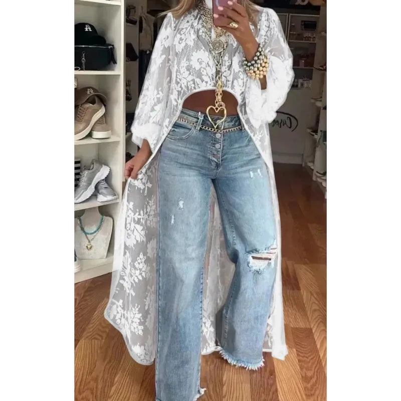 Shirt Top With High Neck Puff Sleeve Through Hollow-Out Front Short After Long Top Blouse