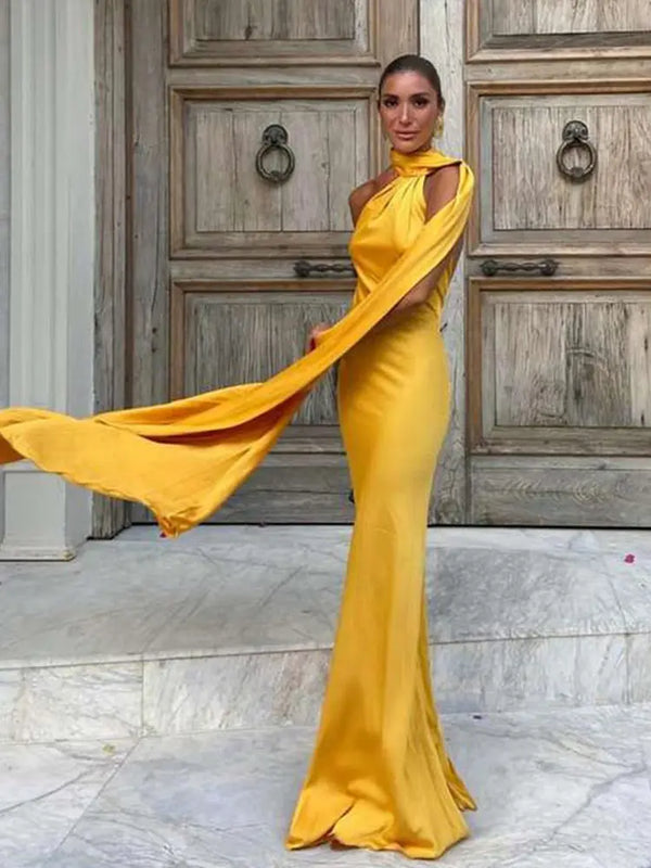 Elegant Solid Ribbon Off Shoulder Sleeveless Backless Slim Dress