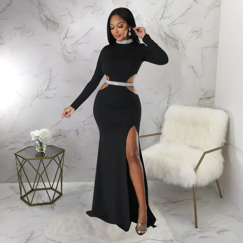 Cutout Waist High Side Split Long Sleeve Dress
