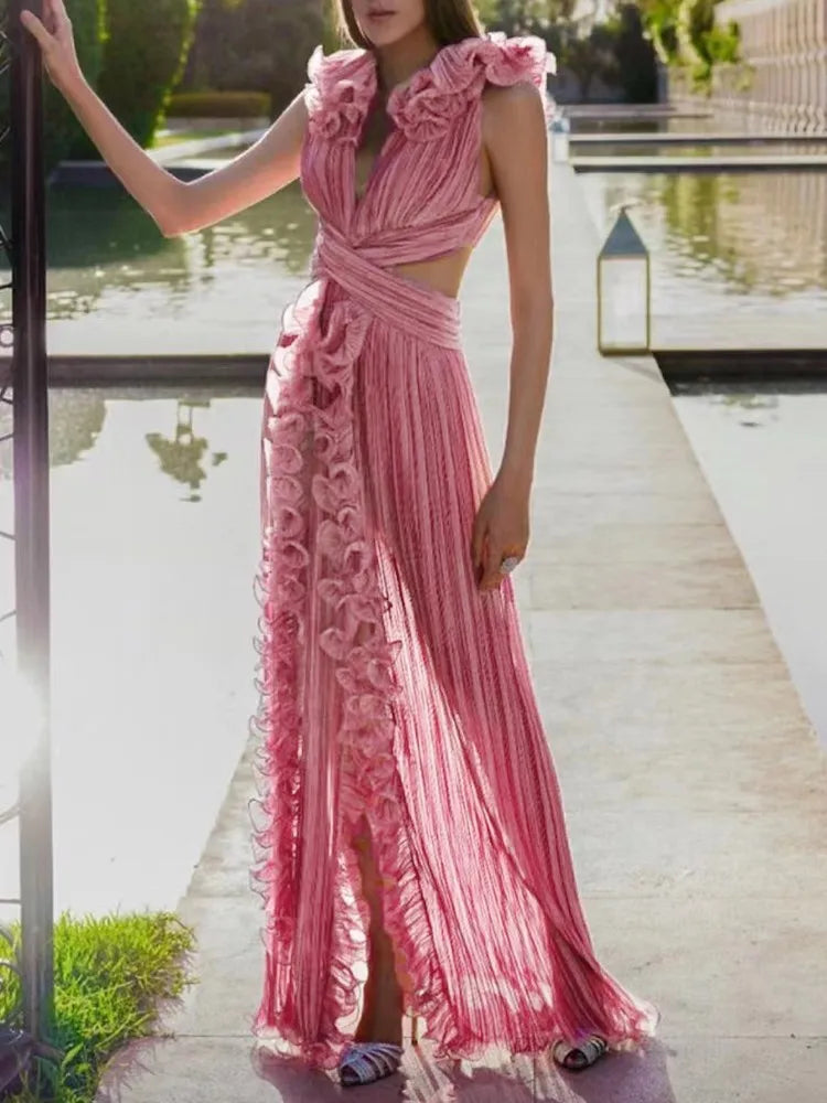 Elegant V Neck Sleeveless High Waist Patchwork Ruffles Split Dress