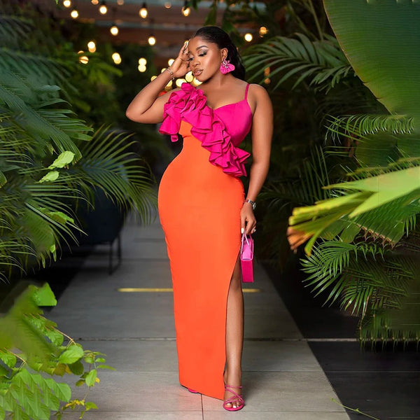 Orange Sleeveless Sexy V-Neck Ruffles Bodycon Mid-calf Bandage Dress