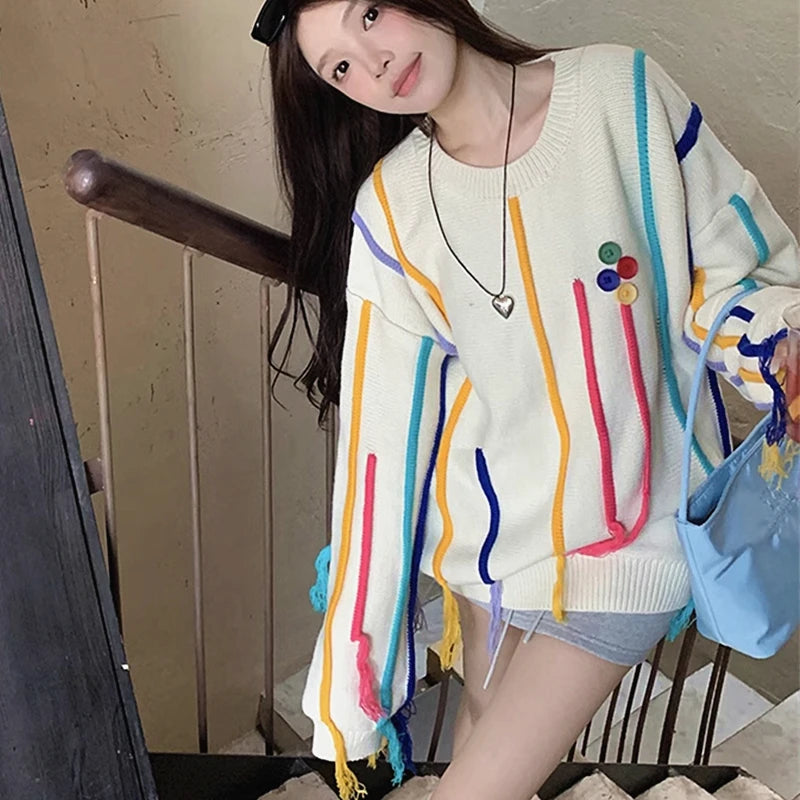 Winter Tassels Rainbow Striped Sweater Coat