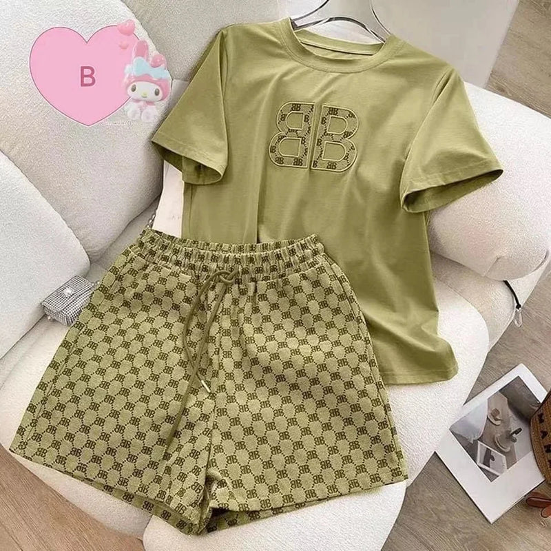 Summer Casual Embroidery Short Sleeve Shorts 2-Piece Set