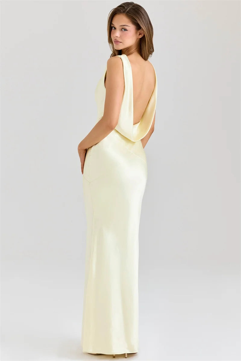 Satin Backless Draped Cowl Neck Sleeveless High Waist Long Dress