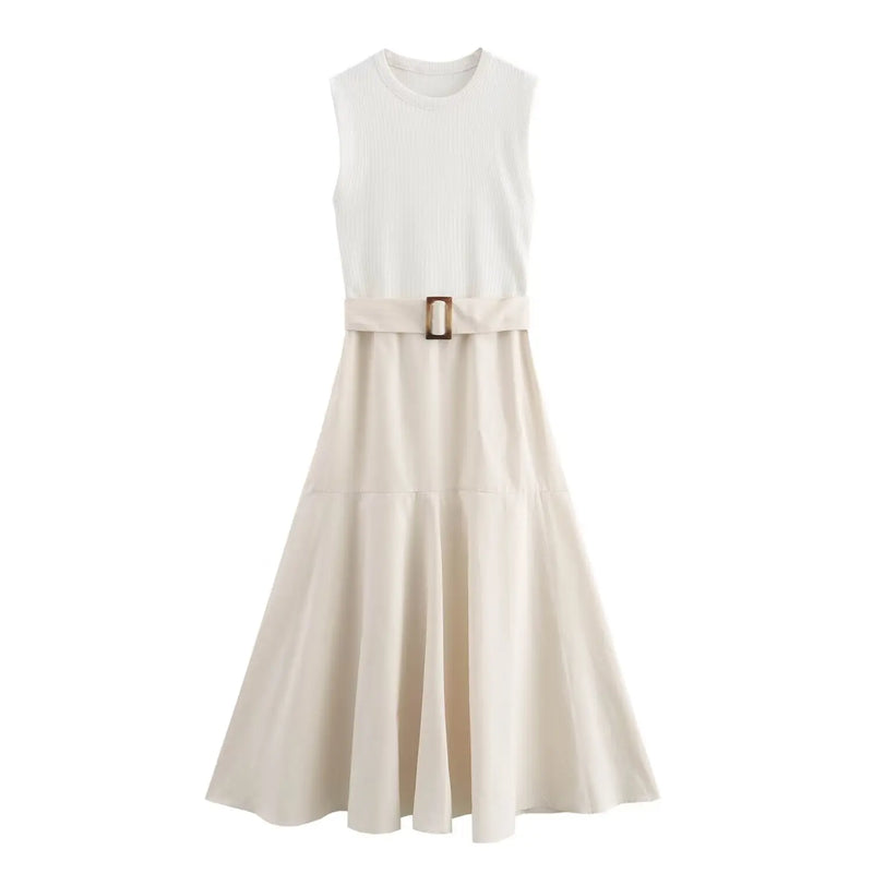 Crew Neck Poplin Knit Belted Patchwork Dress
