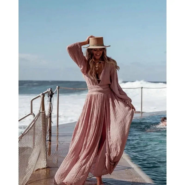 Spring Autumn Lantern Sleeve Holiday V-neck Split Dress