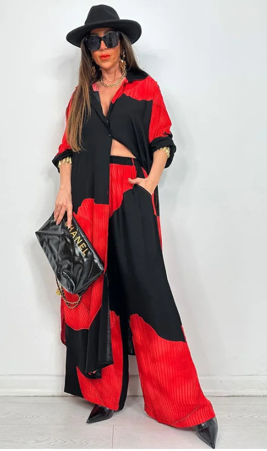 Elegant Printed Long Shirt Top + Wide Leg Pants 2-pieces
