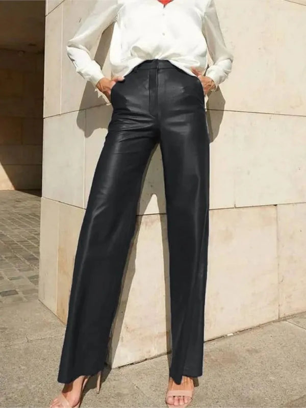 Solid Color PU Leather High Waist Straight Trousers