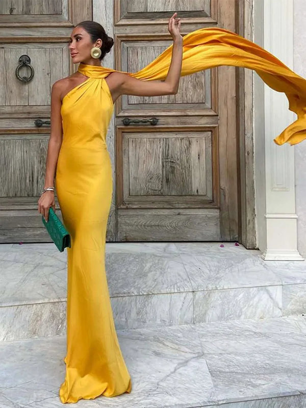 Elegant Solid Ribbon Off Shoulder Sleeveless Backless Slim Dress