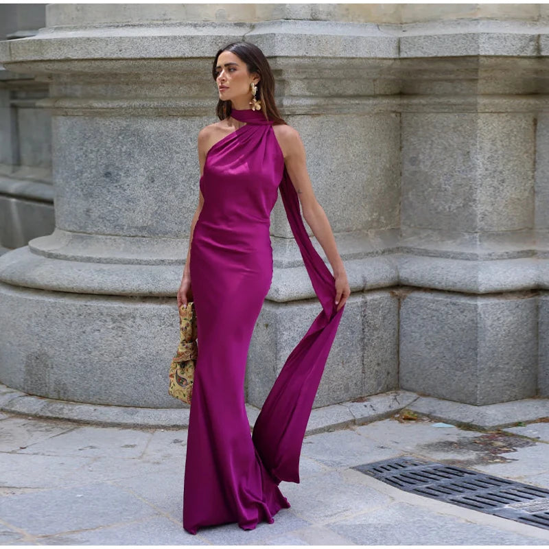 Elegant Solid Ribbon Off Shoulder Sleeveless Backless Slim Dress