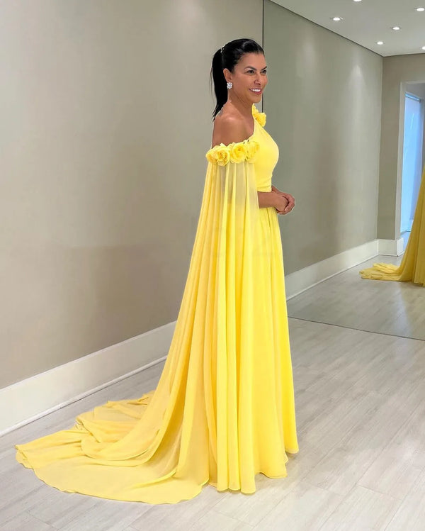 Flowers Off Shoulder Yellow Chiffon Long Prom Dress
