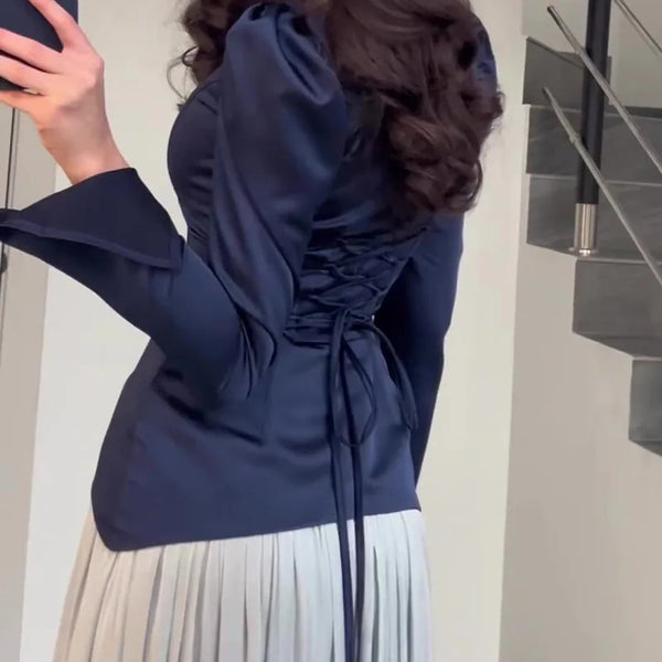 Elegant Long Sleeve Top and Pleated Long Skirts Suits