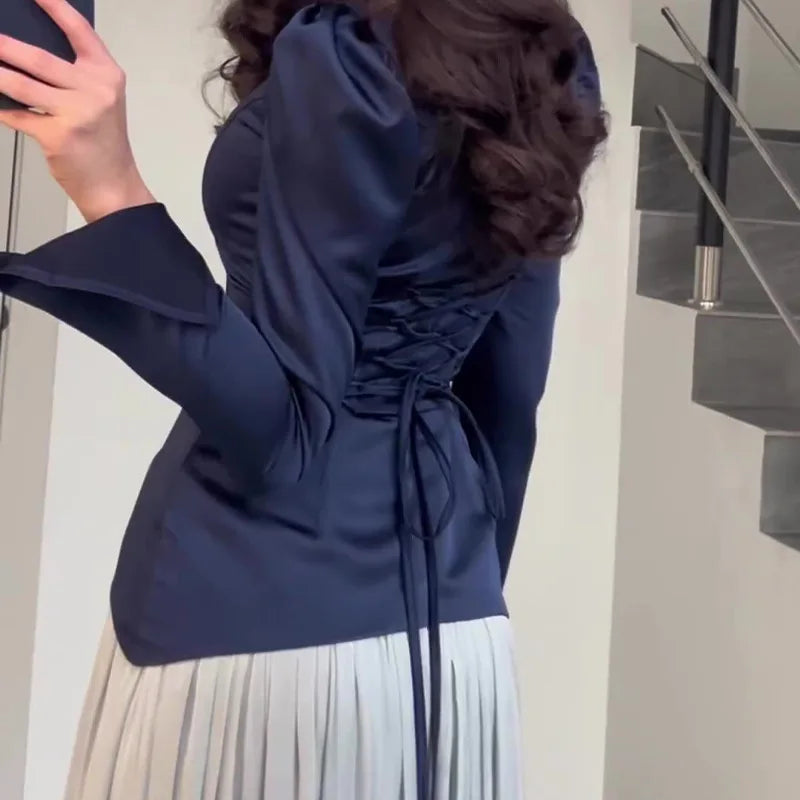 Elegant Long Sleeve Top and Pleated Long Skirts Suits
