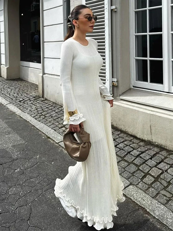 Elegant Ruffle Hem Knit White  O-neck Long Sleeve Backless Dress