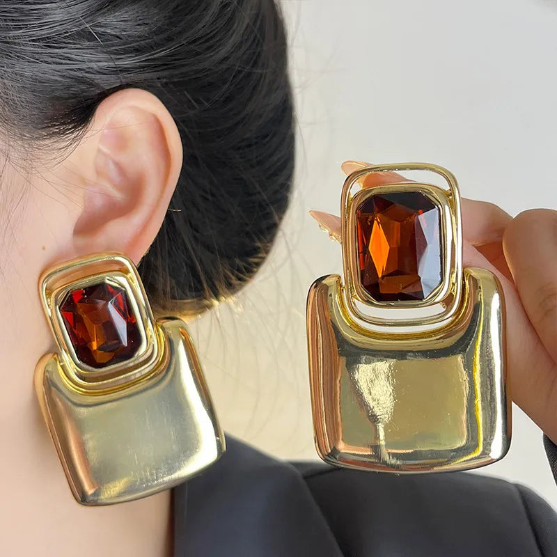 Vintage Metal Square Geometric Crystal Large Earrings