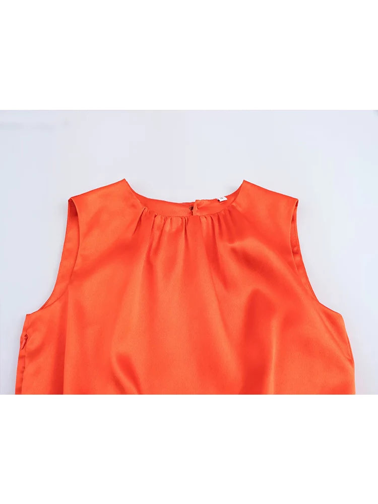 Elegant Pleated Summer O-neck Sleeveless Slim Dress