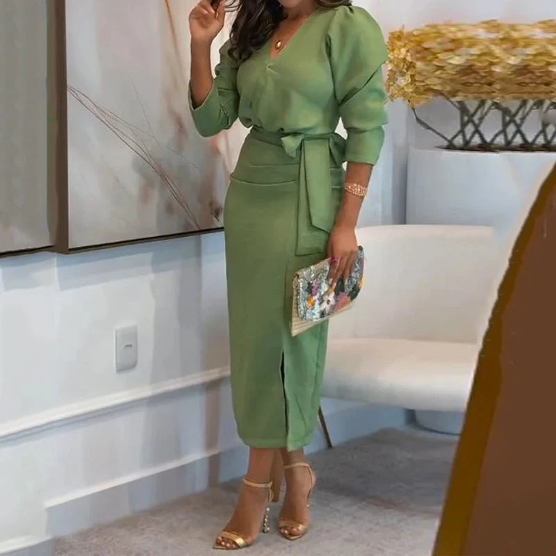 Sleeve V Neck Nipped Waist Slit Irregular Lace Up Dress
