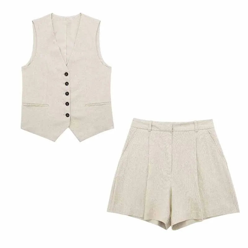 Sleeveless Vest Top+High Waist Slim Shorts 2 Pieces Set