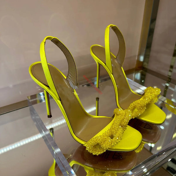 Yellow Satin High Heel Sandals