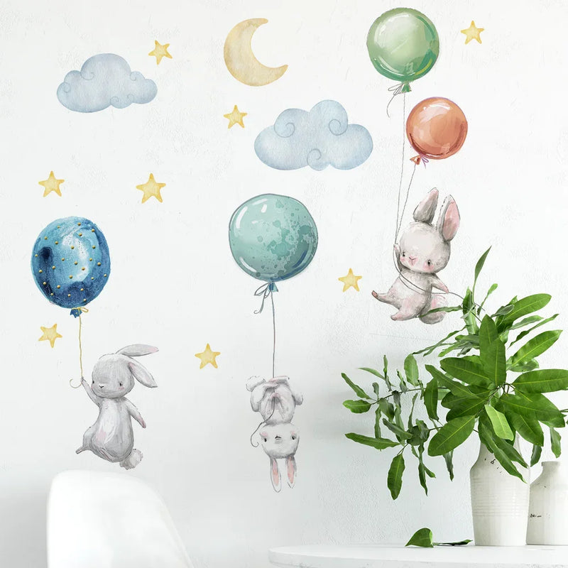 Cute Lovely Flying Rabbits Wall Stickers For Kids Room