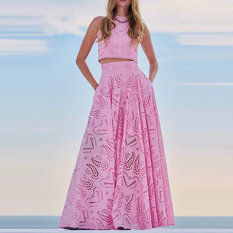 Sleeveless Top Half Skirt Set Embroidered Pocket Long Skirts