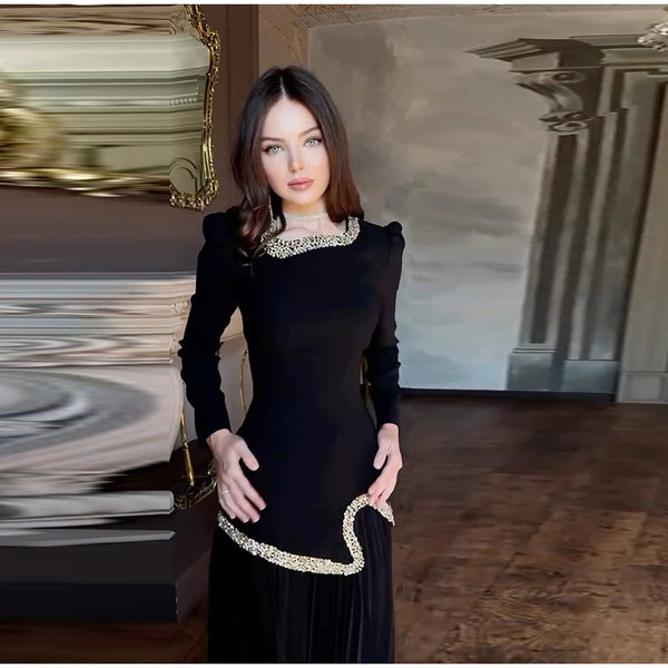 Elegant Rhinestone Long O-neck Full Sleeve Pleated Dress