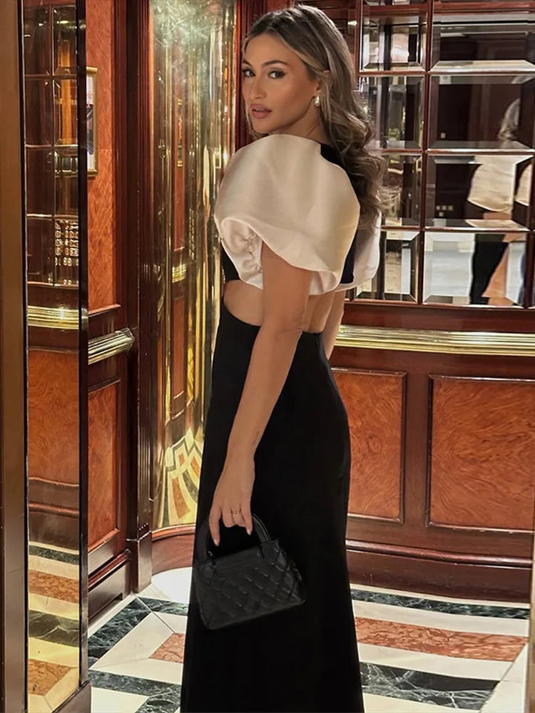 Elegant Puff Sleeve Hollow Out Waist Dress