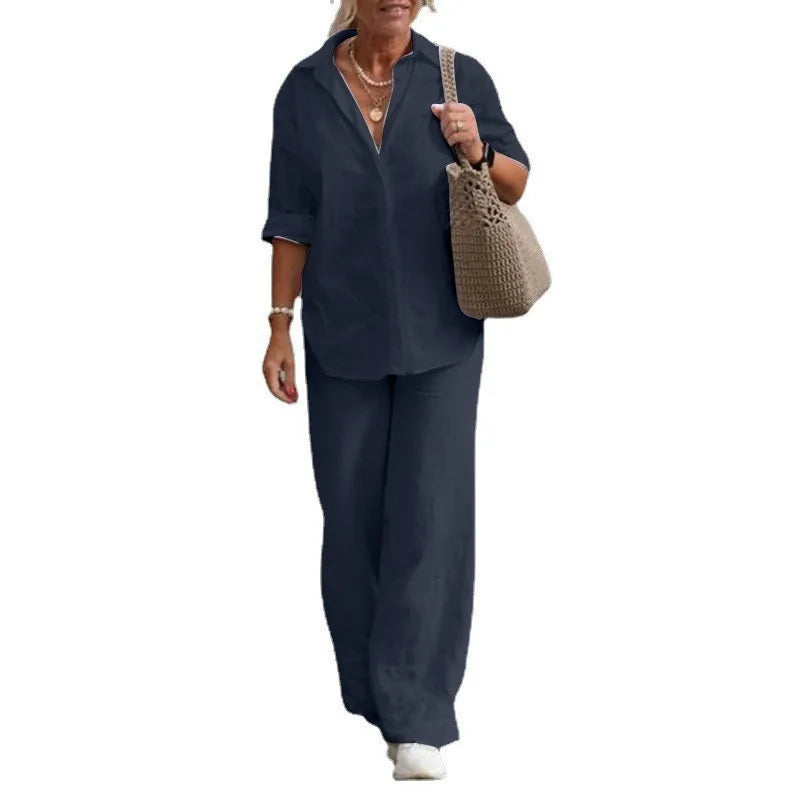 Cotton Linen Long Sleeve Blouse Shirts & High Elastic Wide Leg Trousers Suits