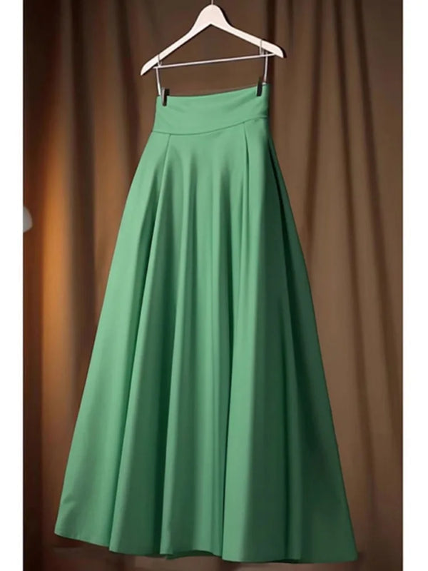 CAMINA Solid Green A-line Vintage Elegant Chic Long Skirt