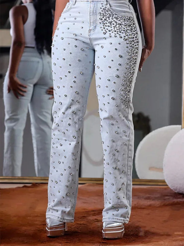 Beading High Waist Slim Casual Denim Pant Vintage