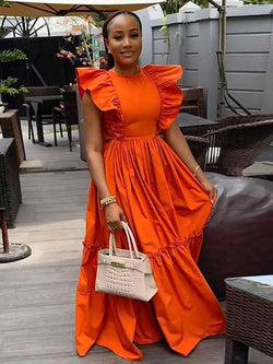 Long Summer Knitted Ruffle Sleeves Casual Orange Dress