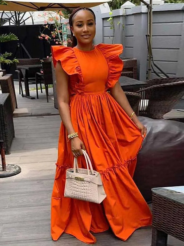 Long Summer Knitted Ruffle Sleeves Casual Orange Dress