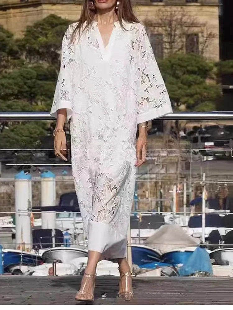 White Lace Hollow Elegant V Neck Dress