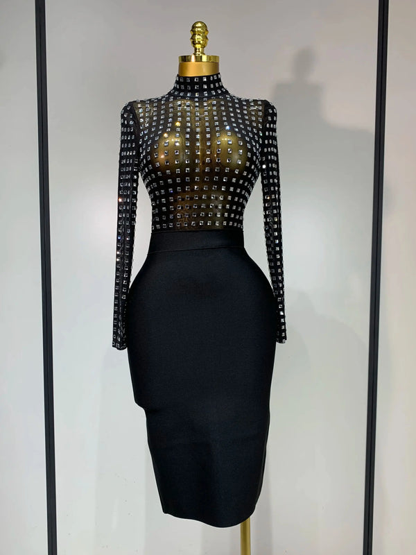 Elegant Turtleneck Rhinestones Black Mesh Bodycon Bandage Dress