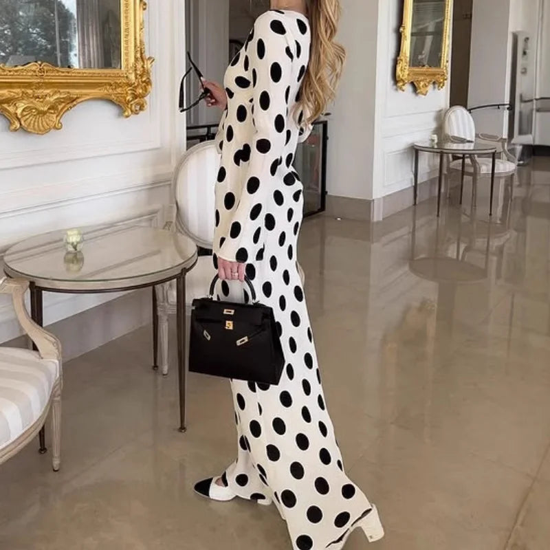 Polka Dot Vintage Flare Sleeve O Neck A Line Long Dress